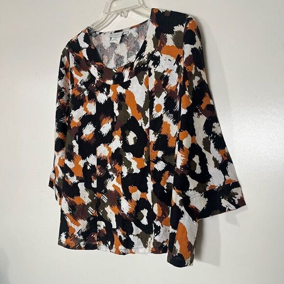 Hot Cotton Linen Top Small Boxy Lagenlook Blouse Abstract Print Black 3/4 Sleeve - Picture 3 of 6